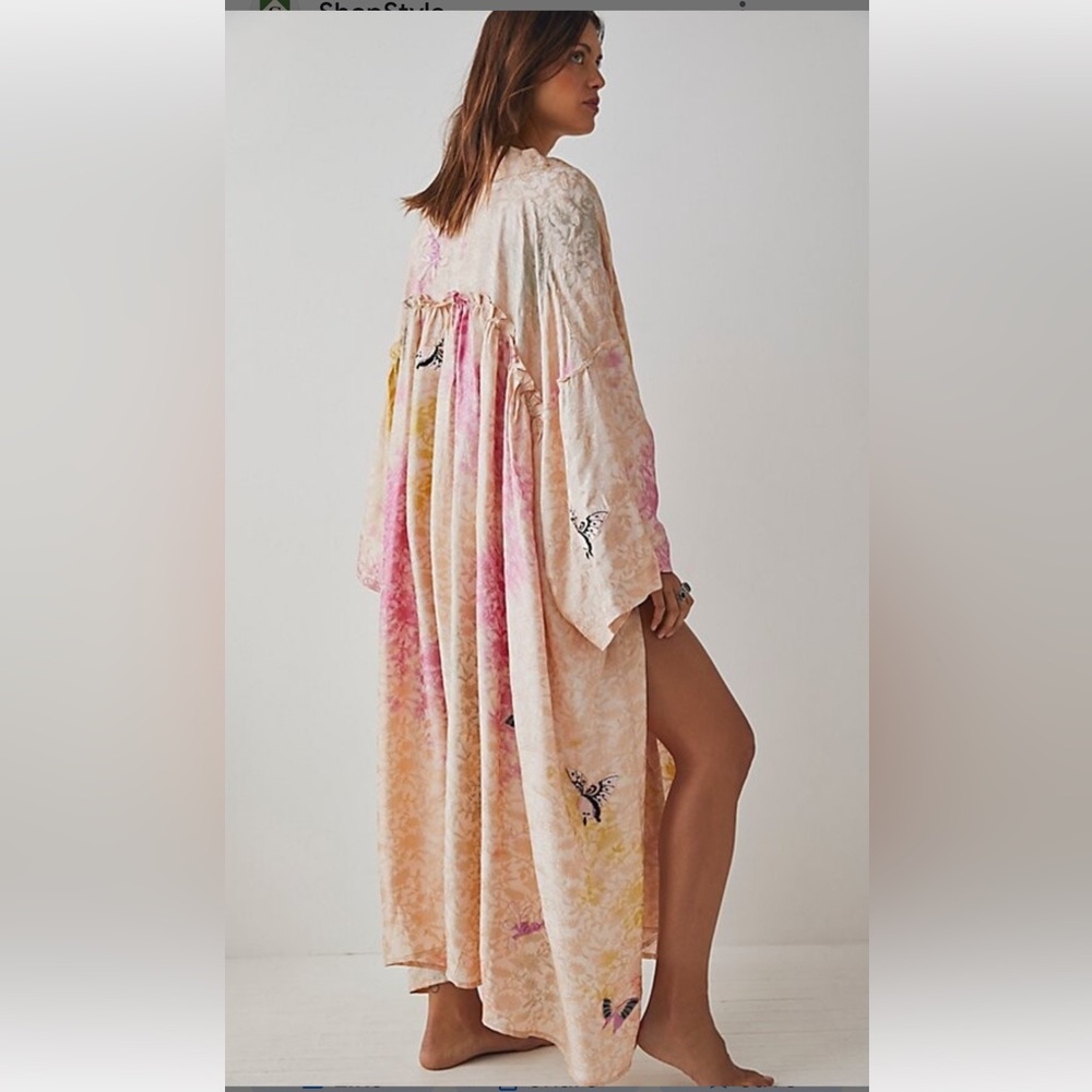Free People All Night Robe Maxi Embroidered Floral Tie Slit Pink Combo